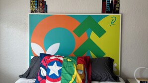 Ein Bett mit farbigem Kopfteil, Kissen mit verschiedenen Designs und eine Wand mit Stadtbild-Abbildung.
