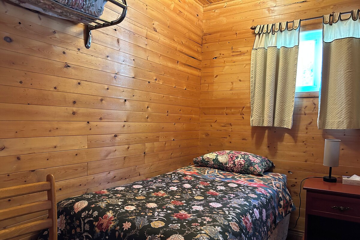 Habitación de cabaña de madera con una cama, una mesita de noche y una ventana con cortinas.