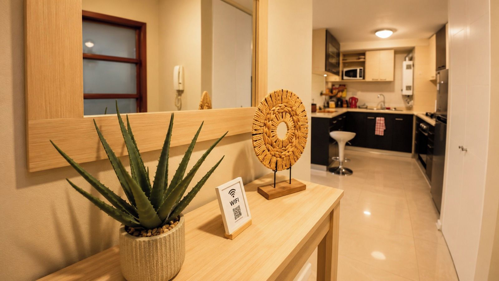 A modern kitchen with a wooden countertop, a potted aloe vera plant, a decorative woven item, and a sign indicating WiFi availability.