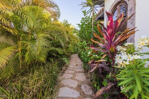 A stone pathway leading through a lush garden with various tropical plants and flowers. - Casa Lomboy - Cabo del Sol | 6 Bed, 6.5 Bath (Cabo San Lucas)