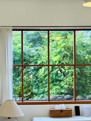 A room with a large window divided into six panes, offering a view of dense greenery outside.