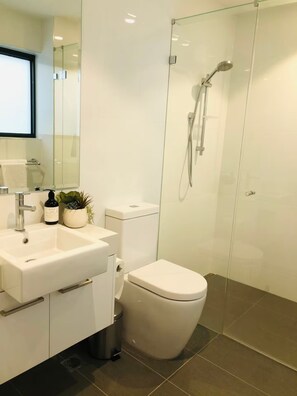 Un bagno moderno con cabina doccia in vetro, un WC bianco e un lavabo con specchio sopra.