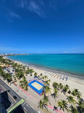 Ein Strand mit blauem Himmel, Palmen und einem sandigen Bereich mit Sonnenschirmen.