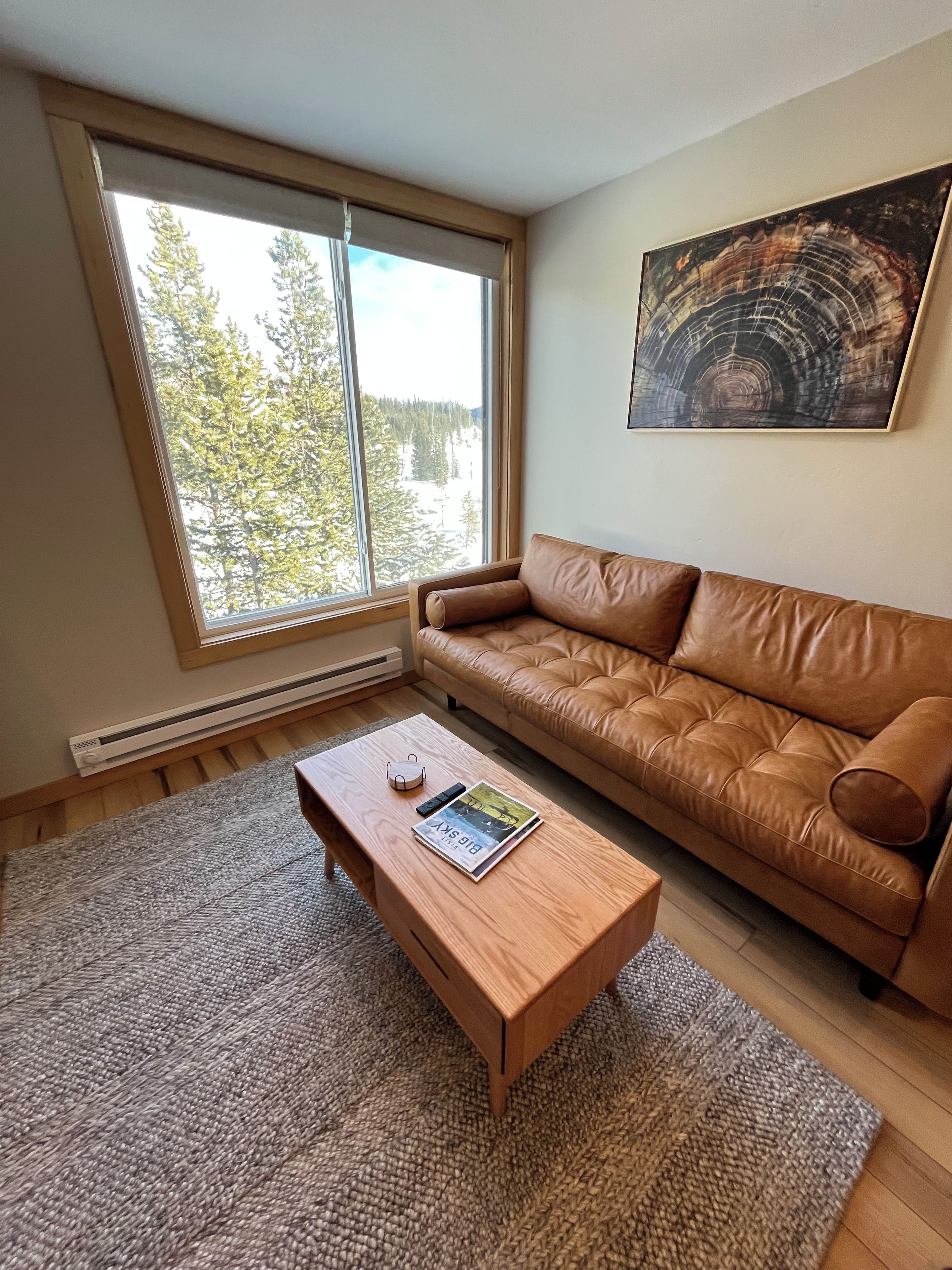 A living room with a brown leather sofa, a wooden coffee table with a magazine and remote, a large window with a view of trees, and a painting on the wall.