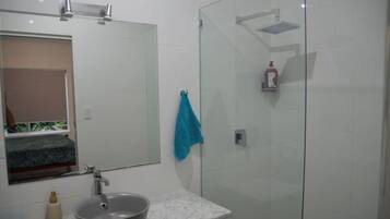 A bathroom with a sink, mirror, and glass shower enclosure.