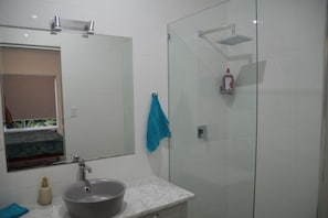 A bathroom with a sink, mirror, and glass shower enclosure.