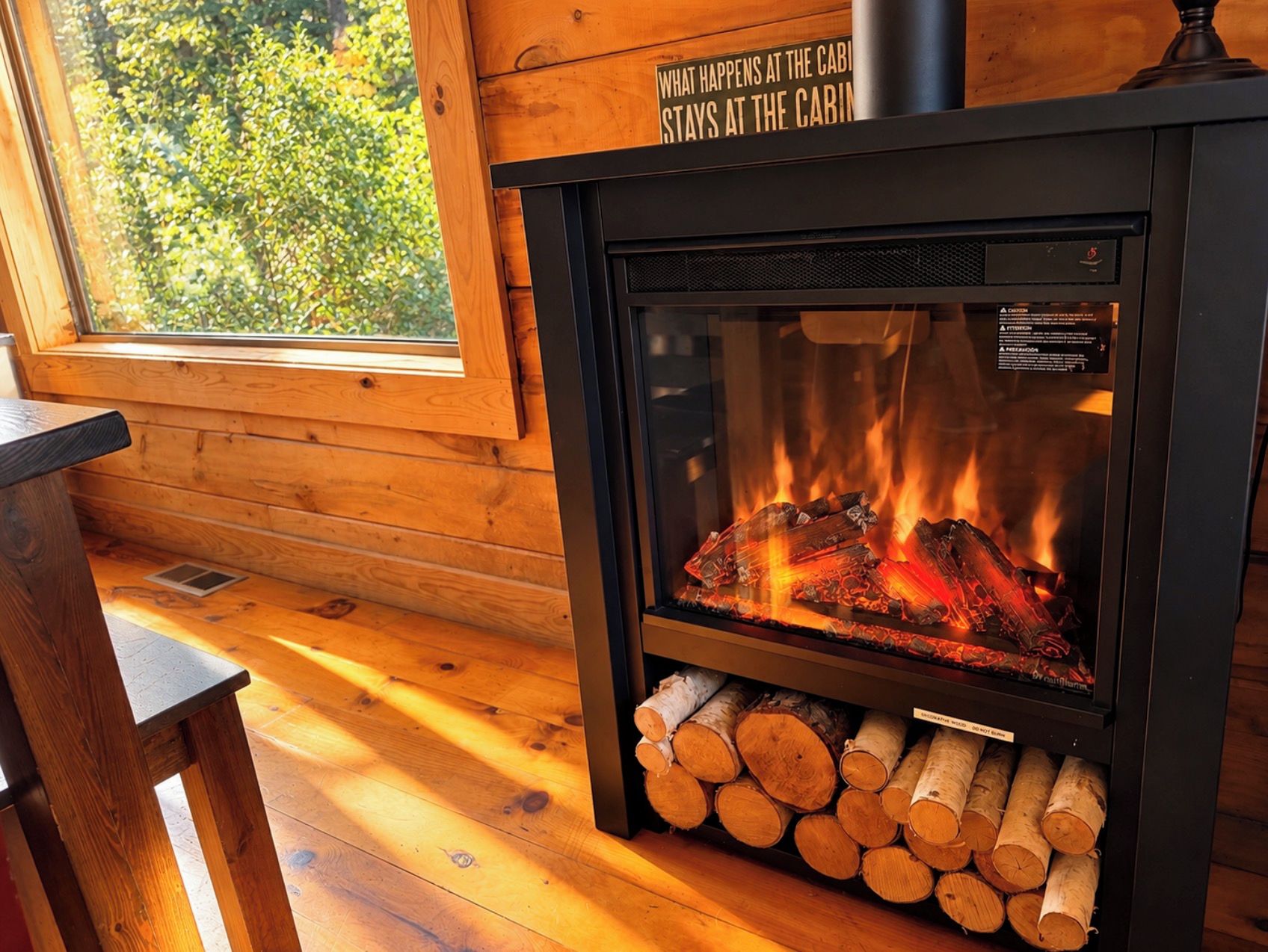 A wood-burning fireplace with logs stored below, a window with a view of greenery, and a sign above the fireplace.
