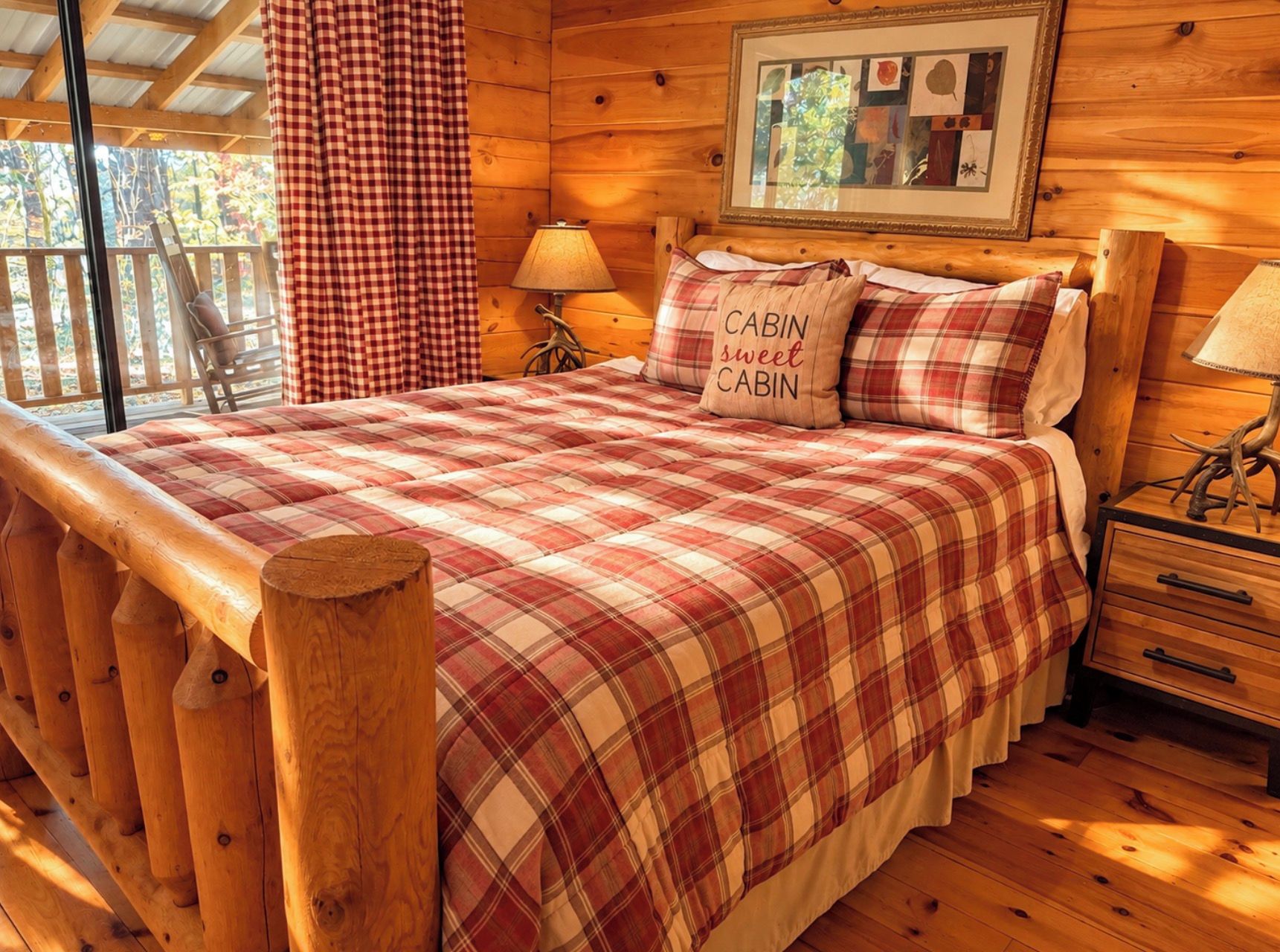 Quarto estilo cabana com colcha xadrez, cabeceira de madeira, quadro emoldurado na parede e janela com cortinas.