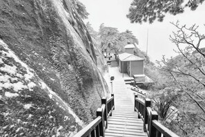 A wooden staircase leading up a hill with a small building at the top.