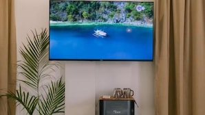 A flat-screen TV mounted on a wall, a water dispenser, and two potted plants in a room with beige curtains. - SAMPA El Nido (El Nido)