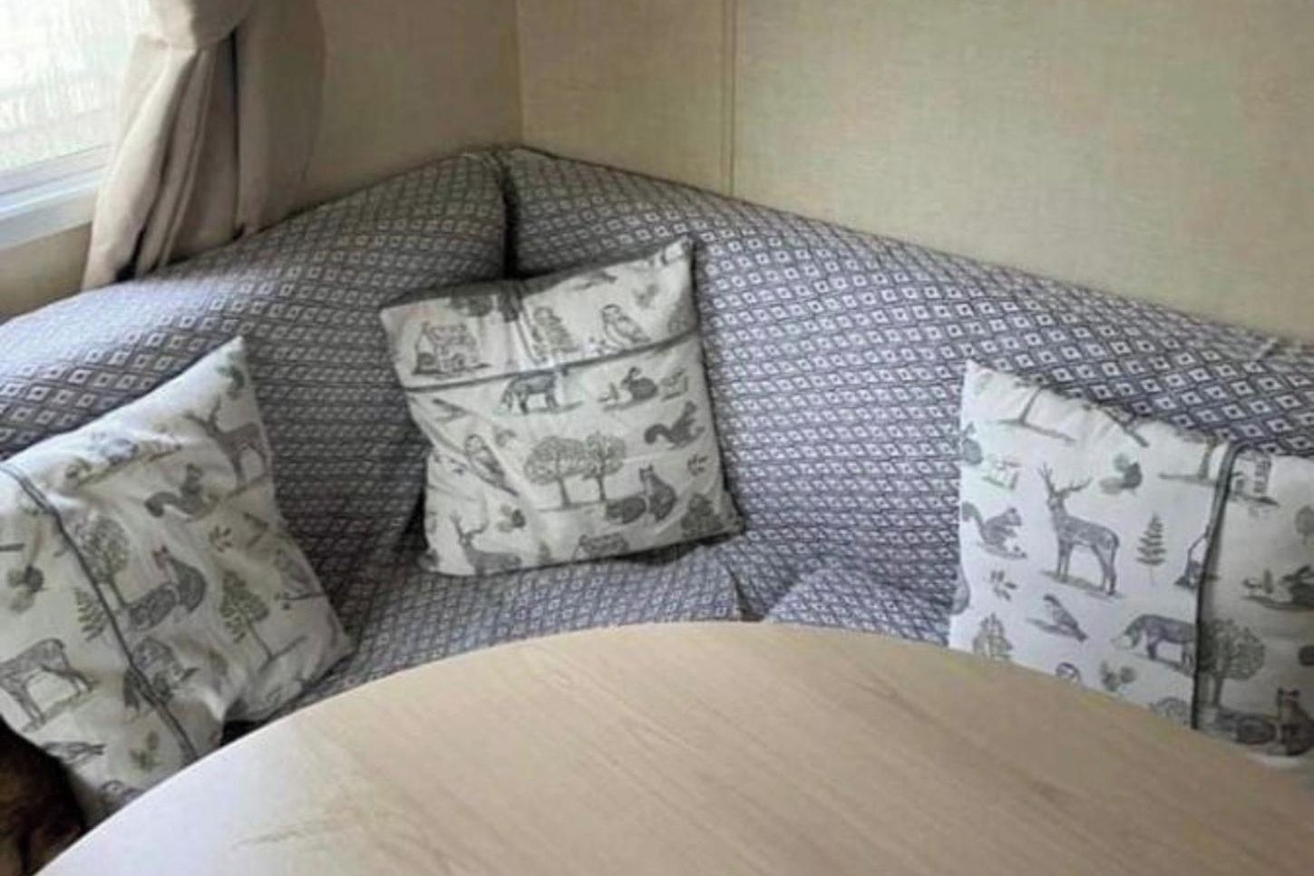 Een hoek van een kamer met een gekleurd kussen en een sierkussen met dierenprint.