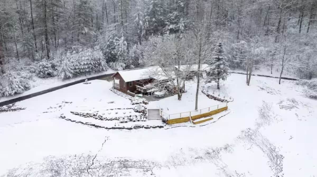 A snow-covered landscape with a wooden cabin surrounded by trees.
