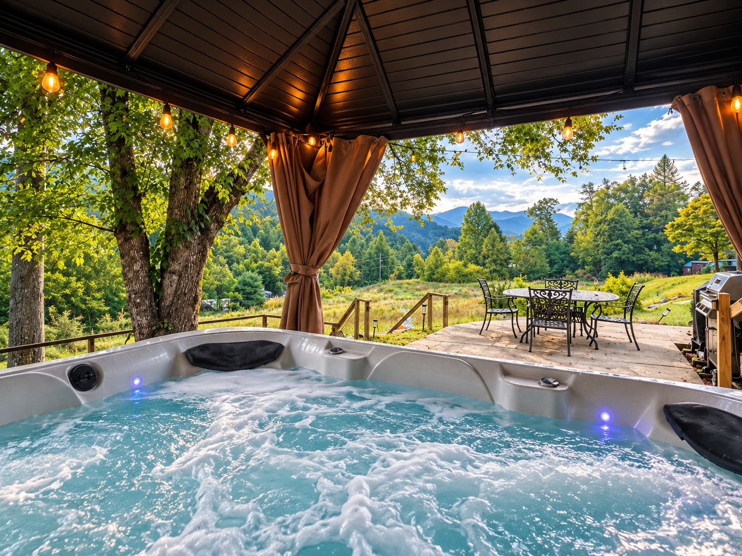 Un jacuzzi con vistas a un paisaje montañoso, mobiliario exterior y luces colgantes.