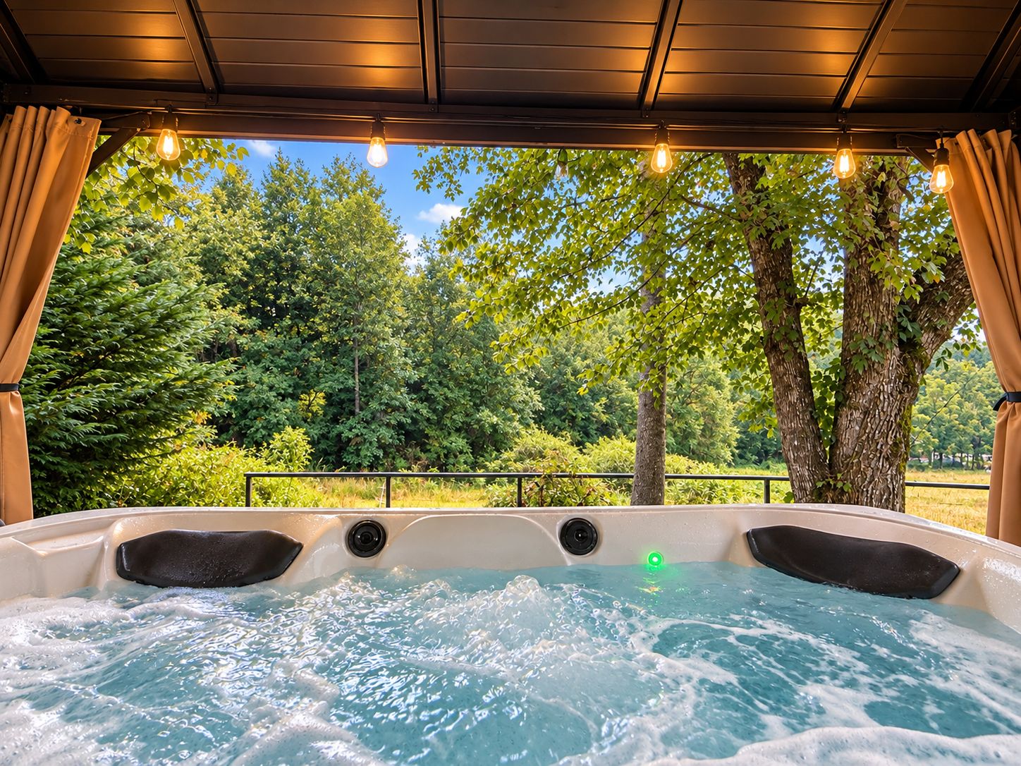 A hot tub with a view of trees and a clear sky.
