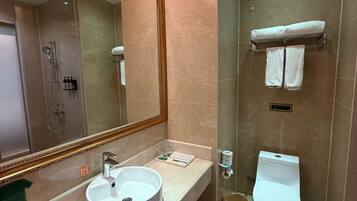 A modern bathroom with a large mirror, a sink, a toilet, and a shower area.