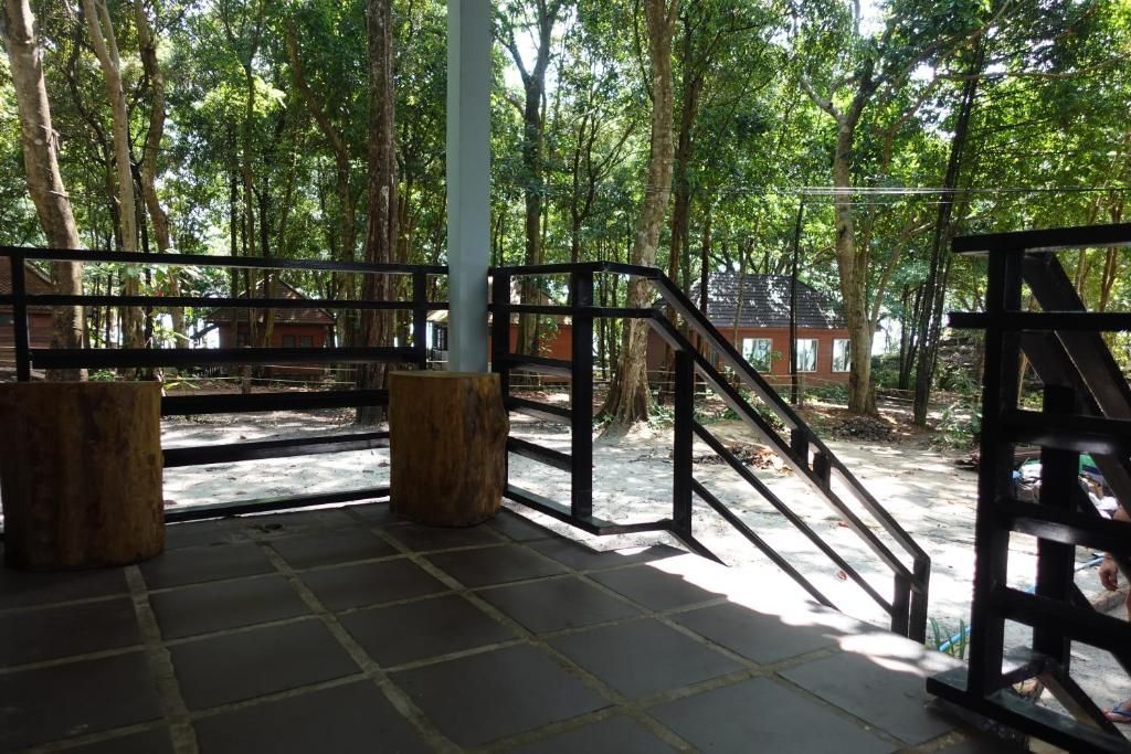 Una terraza de madera con barandilla metálica, rodeada de árboles.