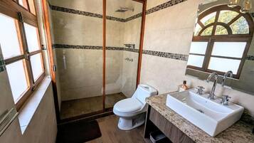 Un baño con inodoro, lavamanos y ducha.