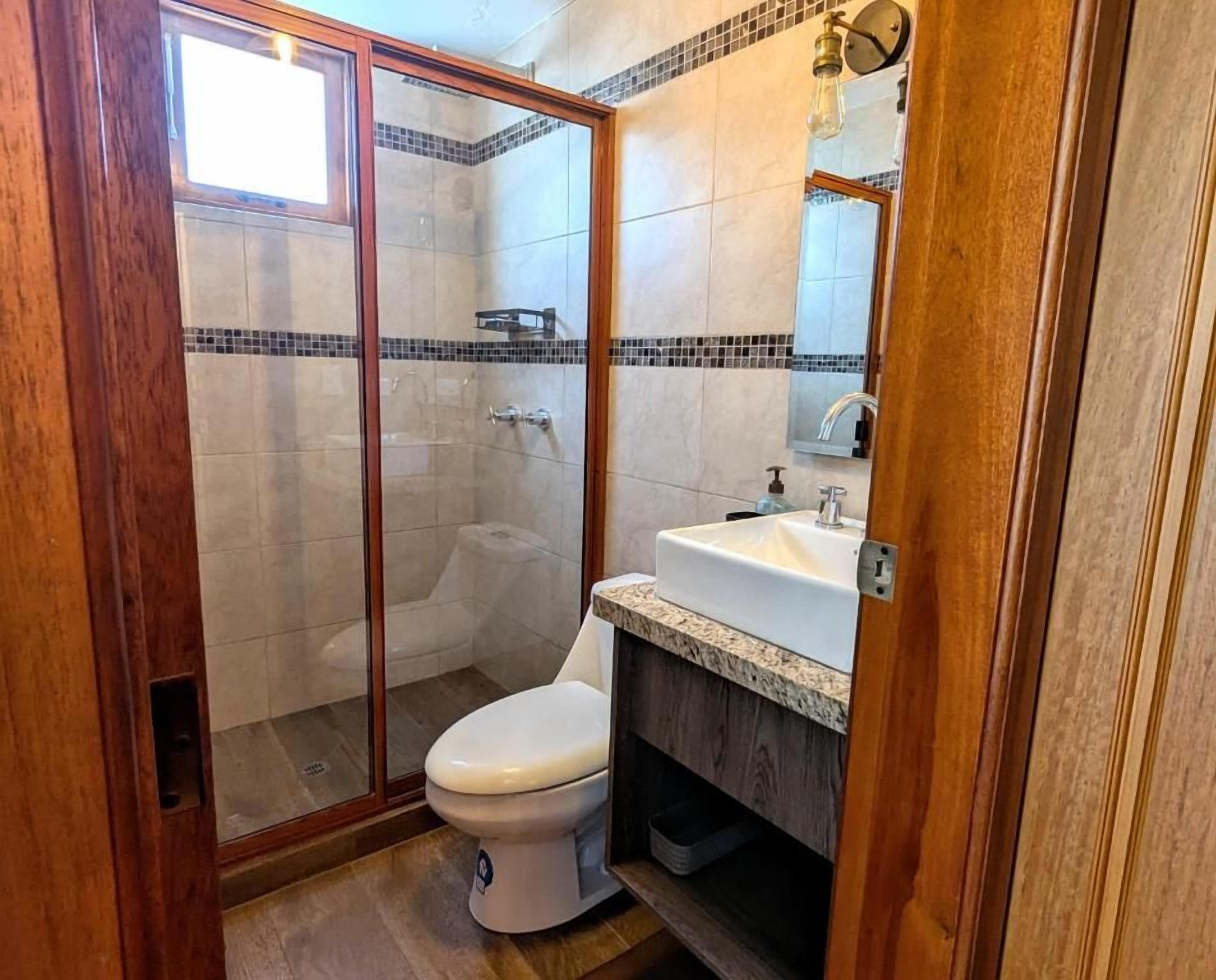 A bathroom with a glass-enclosed shower, a white toilet, and a sink with a wooden vanity.