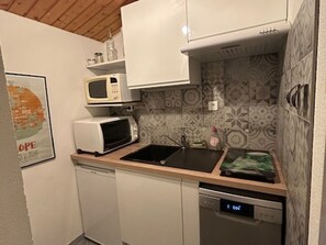 A compact kitchen with a microwave, toaster, sink, and dishwasher. - Renovated apartment - 7 guests, forest edge (Villarodin-Bourget)
