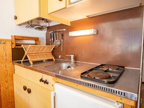 A compact kitchen with a sink, stove, wooden cabinets, and a dish rack. - Studio, mountain view - 4 guests (Villarodin-Bourget)