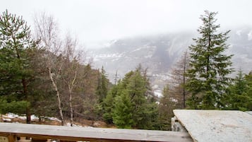Un patio in legno con un davanzale in pietra, che si affaccia su una valle boscosa con montagne sullo sfondo.
