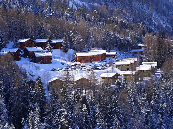 Ein verschneites Dorf mit mehreren Holzbauten, wahrscheinlich Chalets oder Ferienhäusern, umgeben von dichtem Wald.