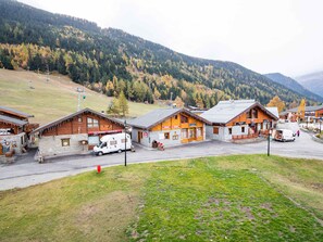 Ein Bergdorf mit Holzhäusern, einer gepflasterten Straße und einer Wiese.