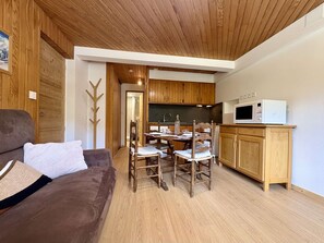 A cozy living room with a brown sofa and a dining area with wooden chairs and a table. - Cozy apartment with wifi - 4 guests (La Salle-les-Alpes)