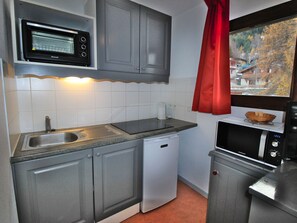 A compact kitchen with a built-in microwave, a dishwasher, and a sink. - Apartment pets OK - 6 guests (village view) (Villarodin-Bourget)