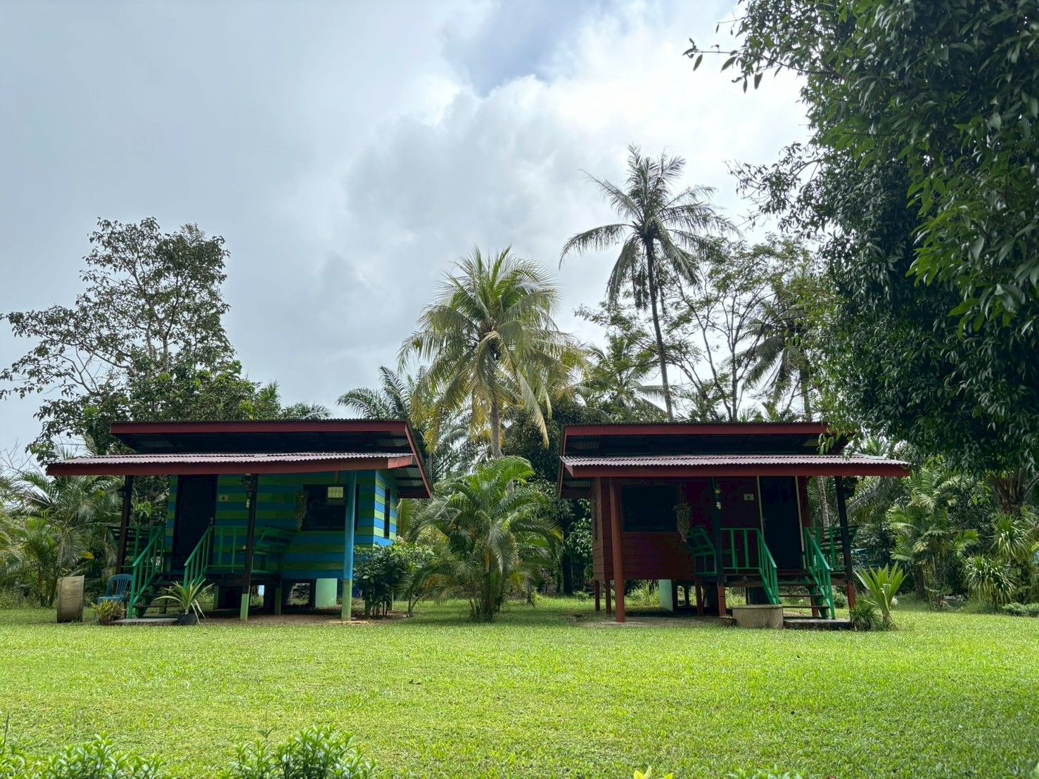 Two small, single-story buildings with green staircases, surrounded by lush greenery and palm trees.
