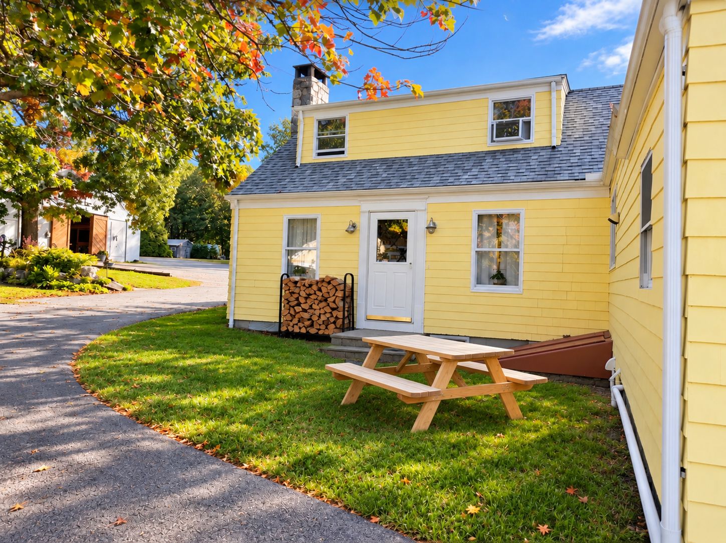 A yellow house with a stone chimney, a wooden door, and a picnic table in the front yard.