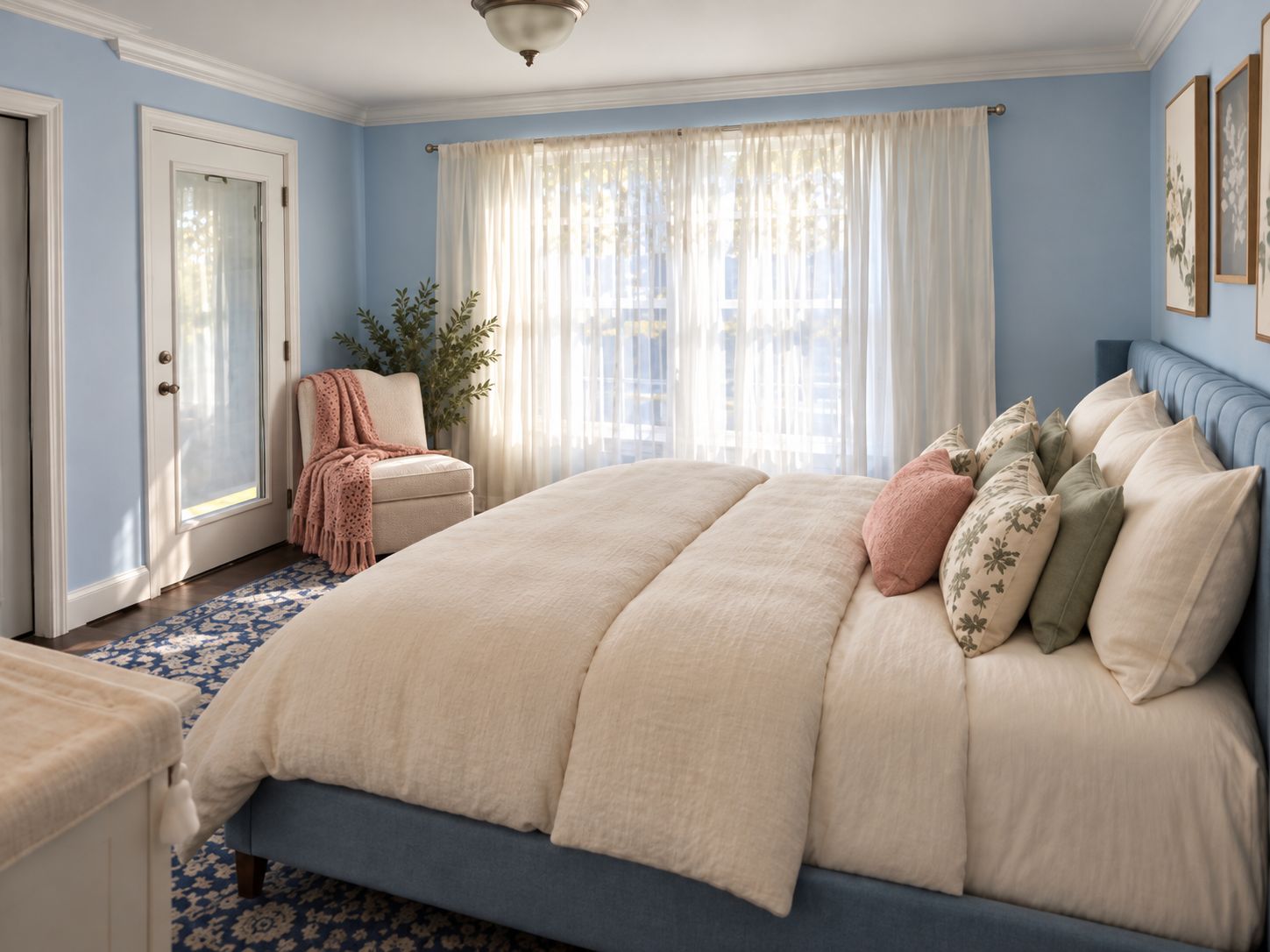 A bedroom with a large bed, a chair, a window with curtains, and a door.