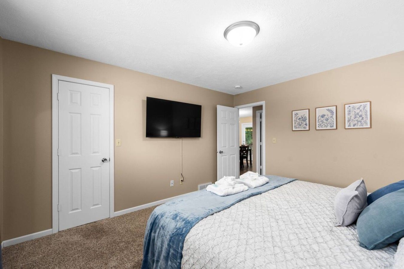 Un dormitorio con cama, televisor y puerta.