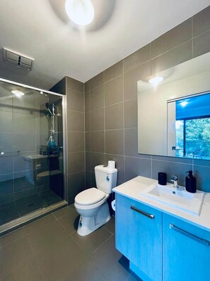 A modern bathroom with a glass-enclosed shower, a toilet, and a vanity with a mirror. - Calm Getaway Close to Airport (Hadfield)