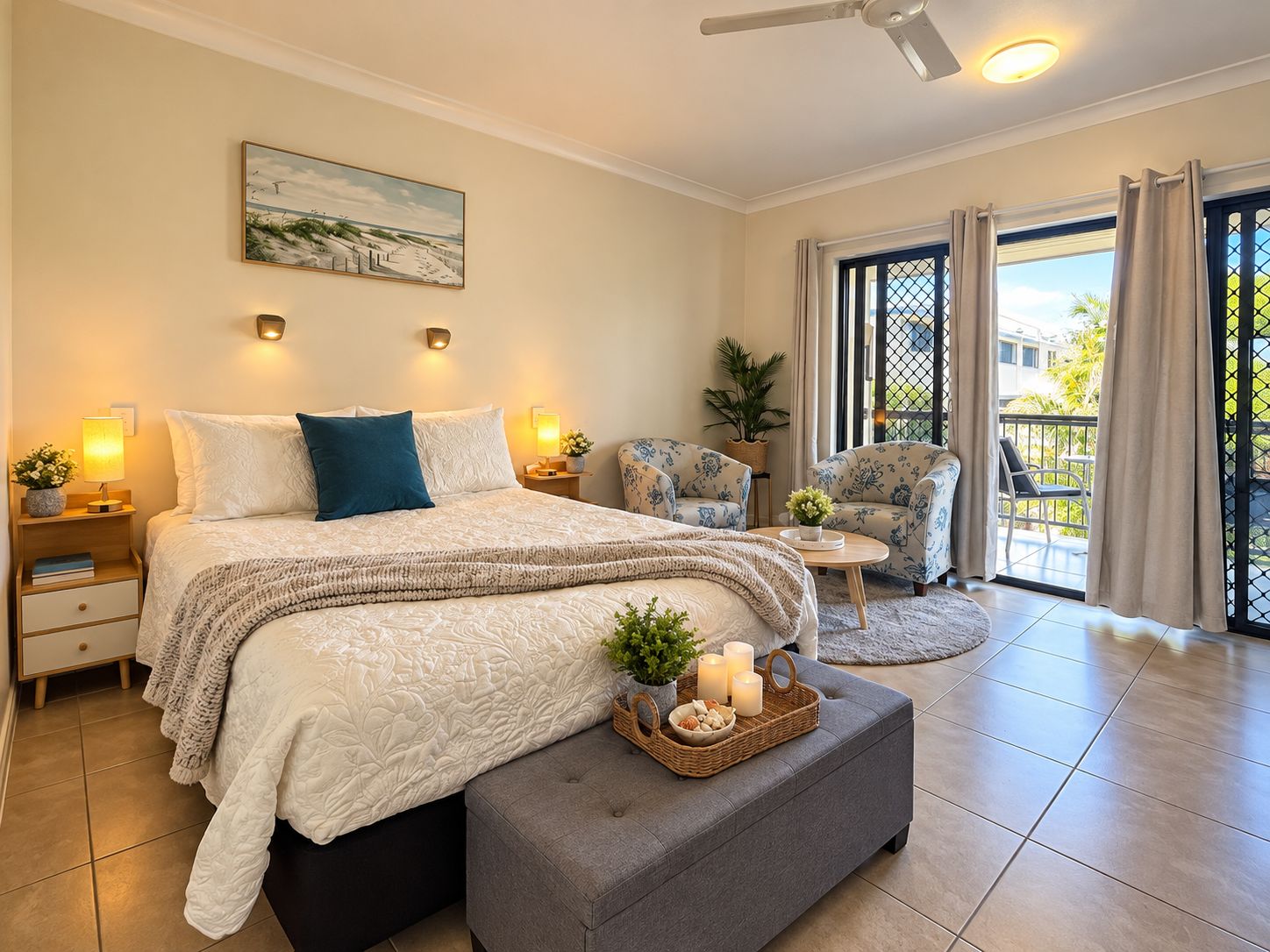 Une chambre à coucher comprenant un lit, des tables de chevet, une commode, une chaise, une petite table, une fenêtre avec des rideaux et un balcon.