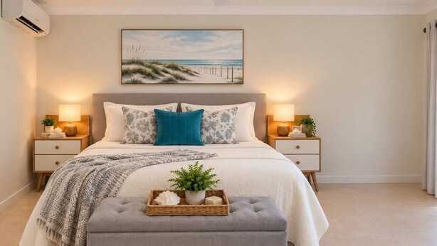 Quarto com cama, mesas de cabeceira, um banquinho e um quadro.