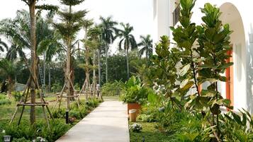 Un sentier bordé de différentes plantes et d’arbres, qui mène à un bâtiment à la façade blanche et à l’entrée en arc de cercle.