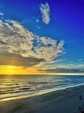 A beach with a clear sky and a sunset. - Direct Oceanfront Condo in New Smyrna Beach on No-Drive Beach, 2B2B (New Smyrna Beach)
