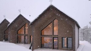 A row of wooden cabins with large windows and a snow-covered landscape. - Villa QUU C,  Premium 4BD Villa with Sauna (Kolari)