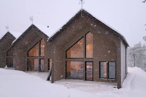 A row of wooden cabins with large windows and a snow-covered landscape. - Villa QUU C,  Premium 4BD Villa with Sauna (Kolari)