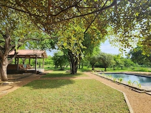 A pool area with a gazebo, trees, and a well-maintained lawn.