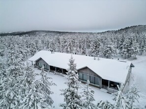 Ein modernes Gebäude mit flachem Dach, umgeben von schneebedeckten Bäumen, das eine Winterstimmung vermittelt.