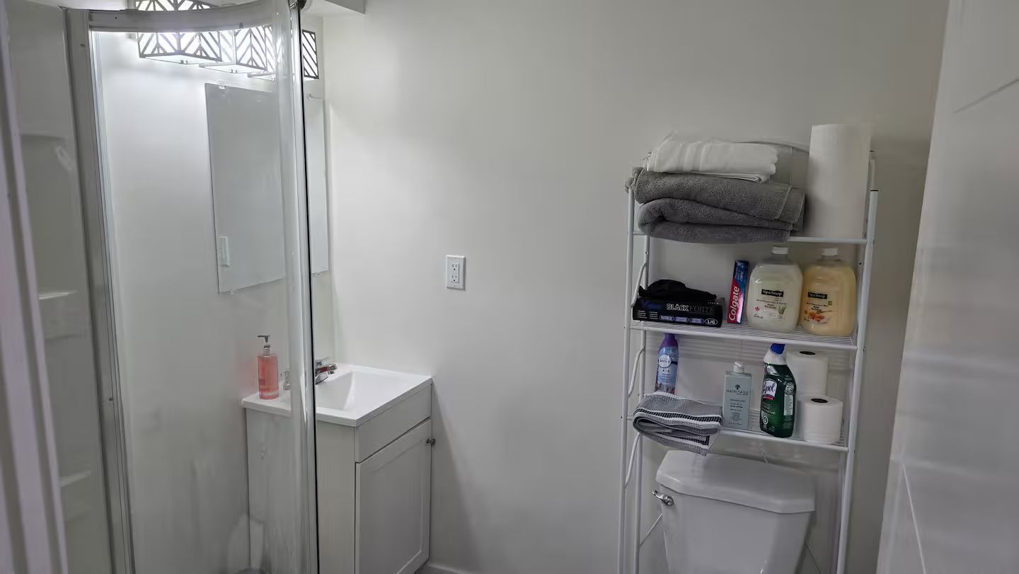 Un baño con cabina de ducha de vidrio, un lavamanos blanco y un estante con artículos de aseo.