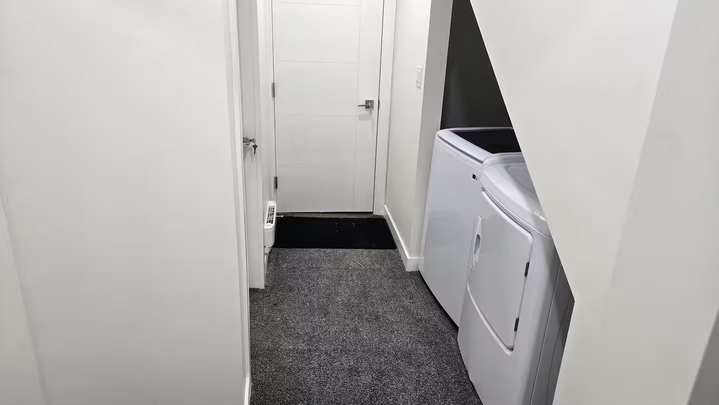 Une buanderie avec une porte, un lave-linge et un sol recouvert de moquette.