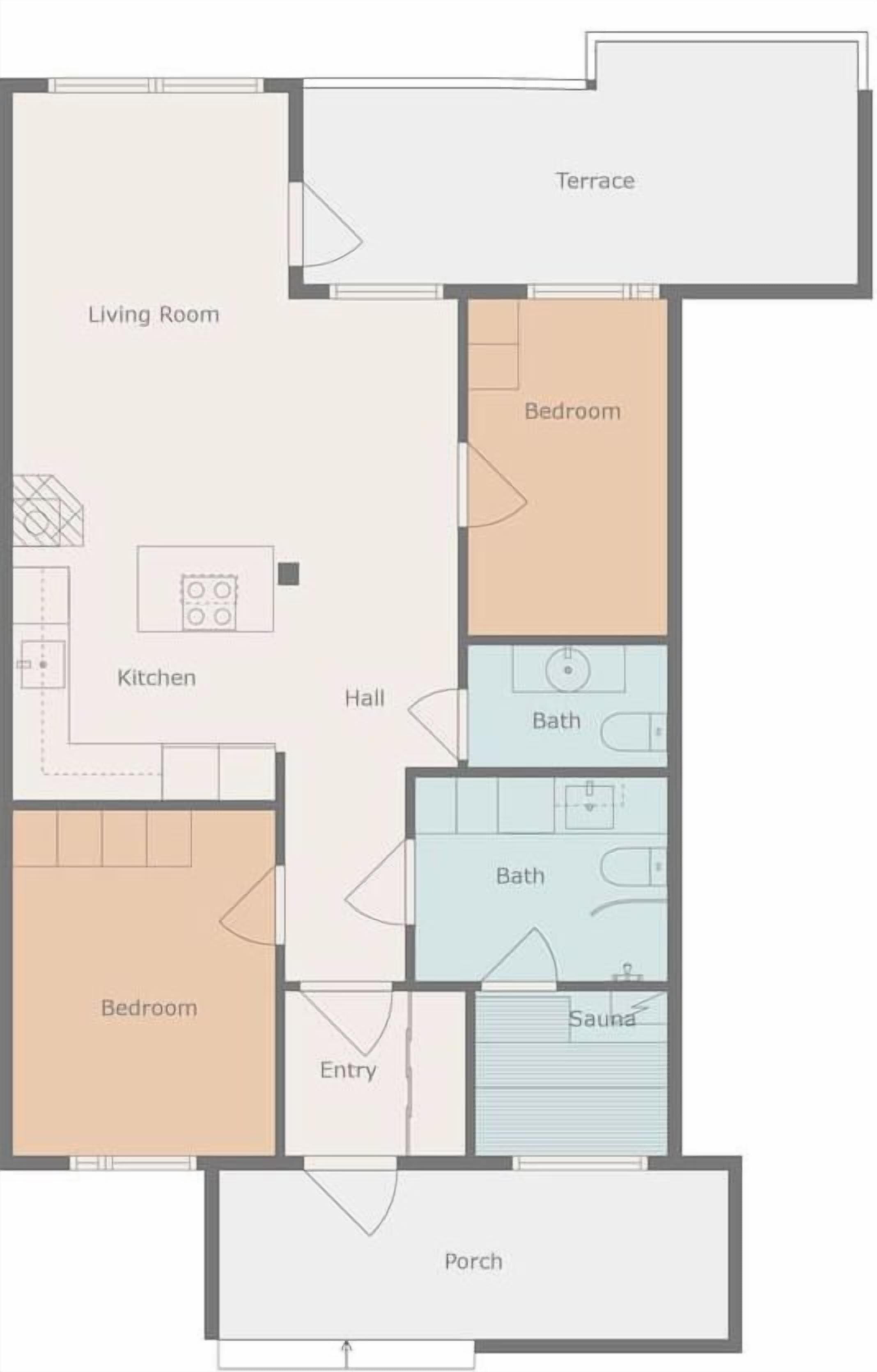 Ein Grundriss mit Wohnzimmer, Küche, zwei Schlafzimmern, Bad, Sauna, Diele, Eingangsbereich und Terrasse.