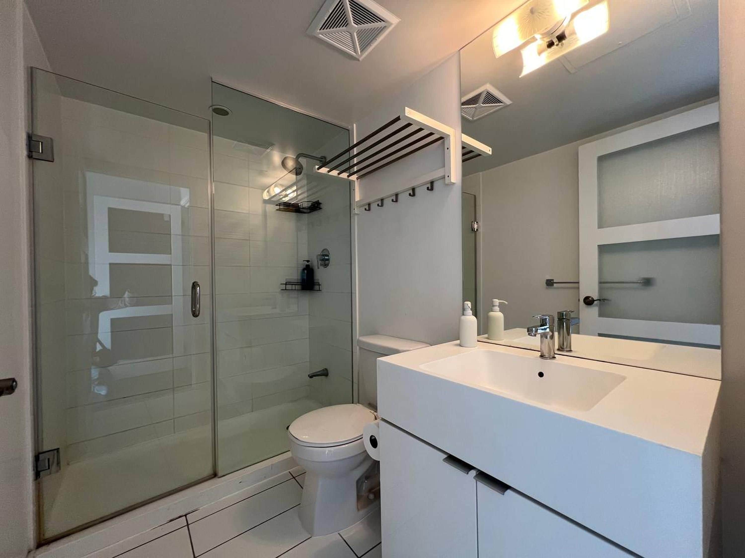 A modern bathroom with a glass shower enclosure, a white toilet, and a vanity with a mirror.