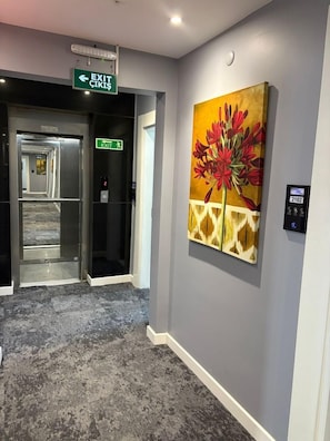 A hallway with an exit sign, an elevator, and a painting on the wall. - New My World Hotel (Istanbul)