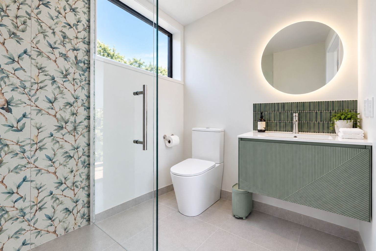A modern bathroom with a glass shower enclosure, a toilet, a sink with a green backsplash, and a round mirror.