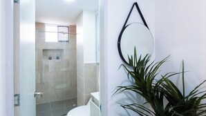Un bagno con un WC, una doccia e uno specchio a parete.