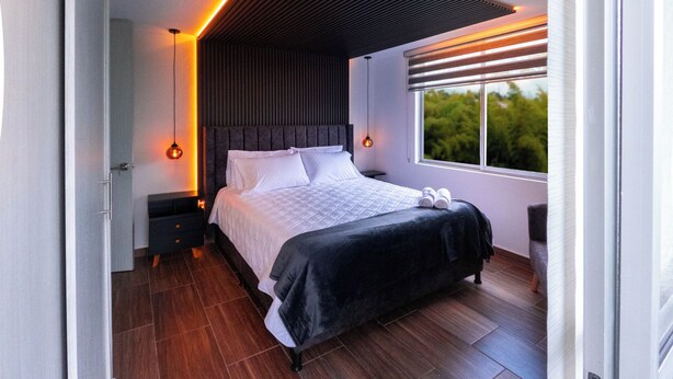 Una camera da letto moderna con un letto grande, pavimento in legno e vista sugli alberi dalla finestra.
